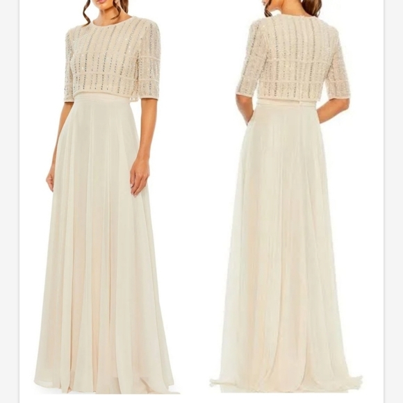 Mac Duggal Dresses & Skirts - Mac Duggal Beige Beaded Bodice elbow sleeve Chiffon A-Line Gown Sz 16 NWOT